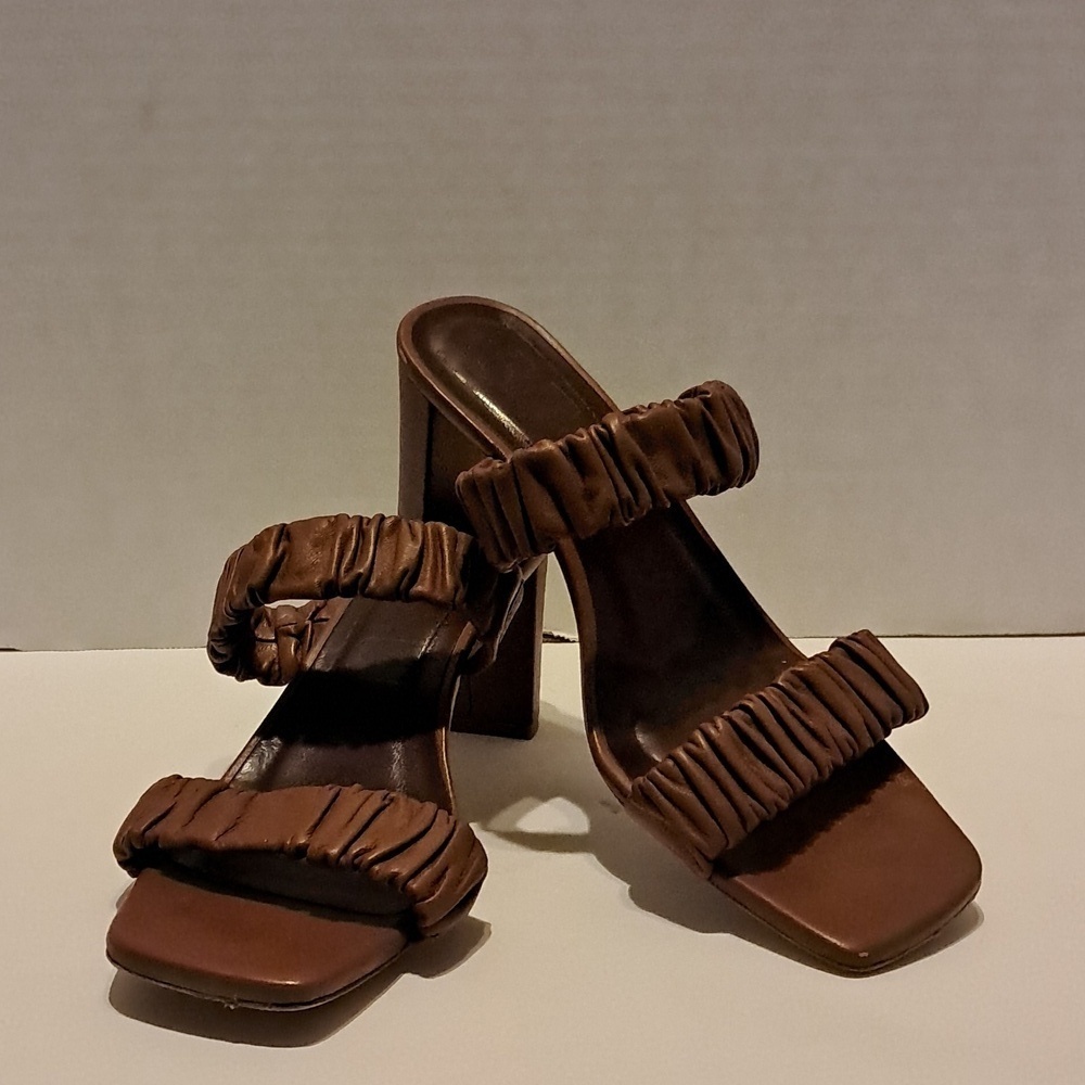 Staud Brown Frankie Ruched Sandals Heeled Block Heel Two Strap Preowned
